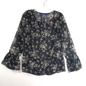 Apt. 9 Blouse Womens Small Black Floral Sheer Bell Sleeve Top Lightweight Office